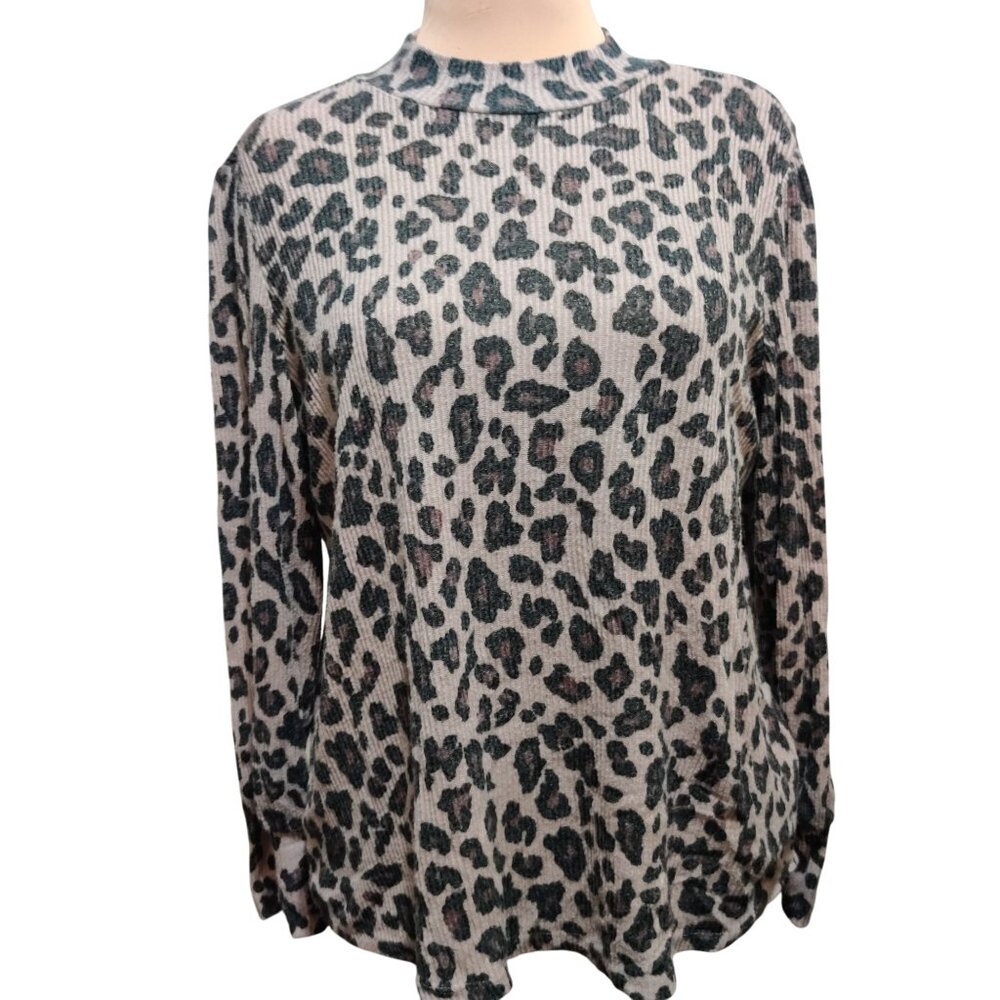 Maurices XL Leopard Print Ribbed Stretch Knit Mock Neck Long Sleeve Top Blouse